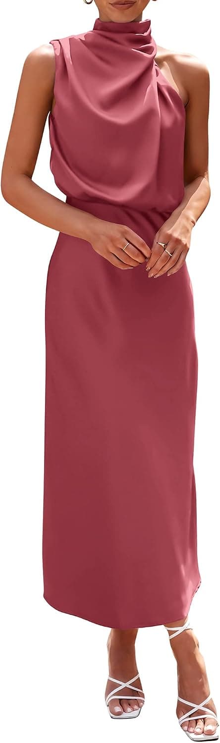 PRETTYGARDEN Women's 2026 Summer Satin Dress Elegant Sleeveless Mock Neck Cocktail Party Maxi Dresses