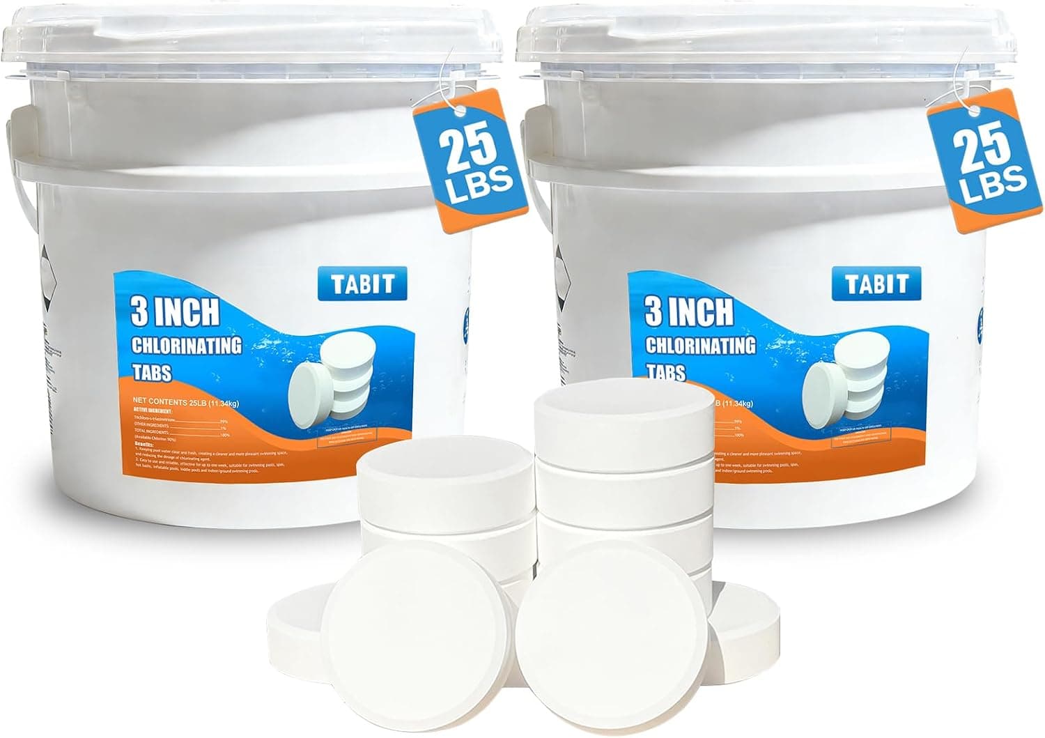 50 lbs Chlorine Tablets 3 Inch for Swimming Pools – Slow Dissolving & Long Lasting – 90% Available Chlorine Tri-Chlor – Kills Bacteria & Stops Algae – 2 x 25 lb Buckets