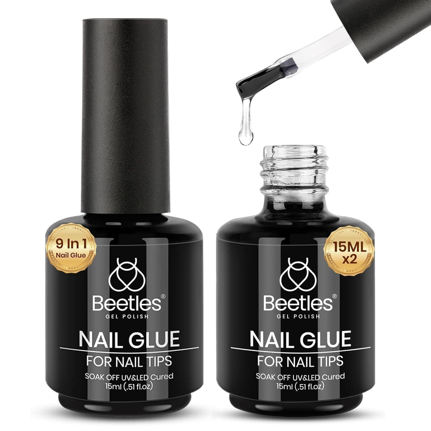Beetles Gel Polish 9 in 1 Gel Nail Glue for Clear Acrylic Nail Tips 2 Pcs 15ml Long Lasting Nail Gel Kit for False Nails Tips, Base Blooming Nail Gel, U V Light Required, Gift for Women