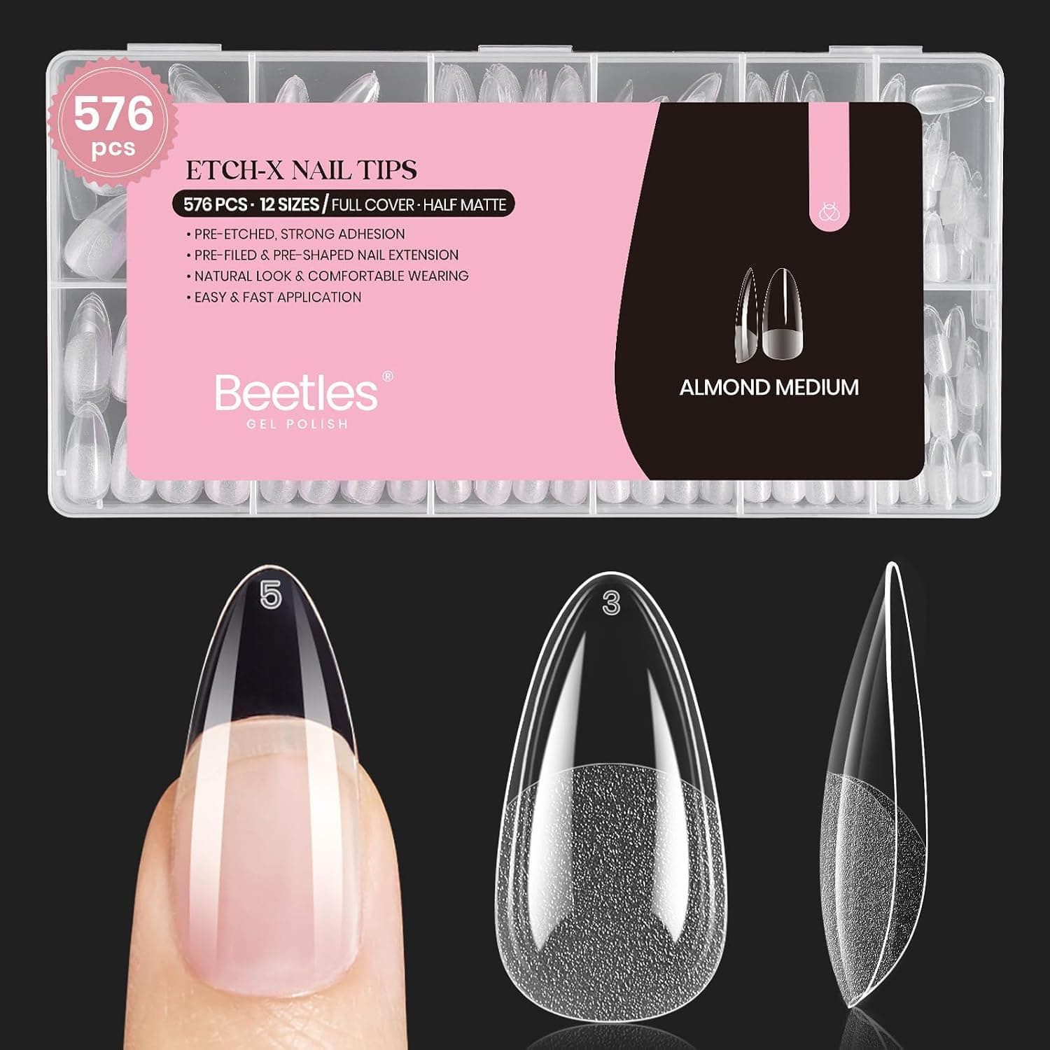 Beetles Medium Almond Nail Tips 576pcs 12 Sizes, Pre-Etched Soft Gel Tips Half Matte Full Cover Press on False Nail Tips Clear Acrylic Nails DIY Extension Gift for Women