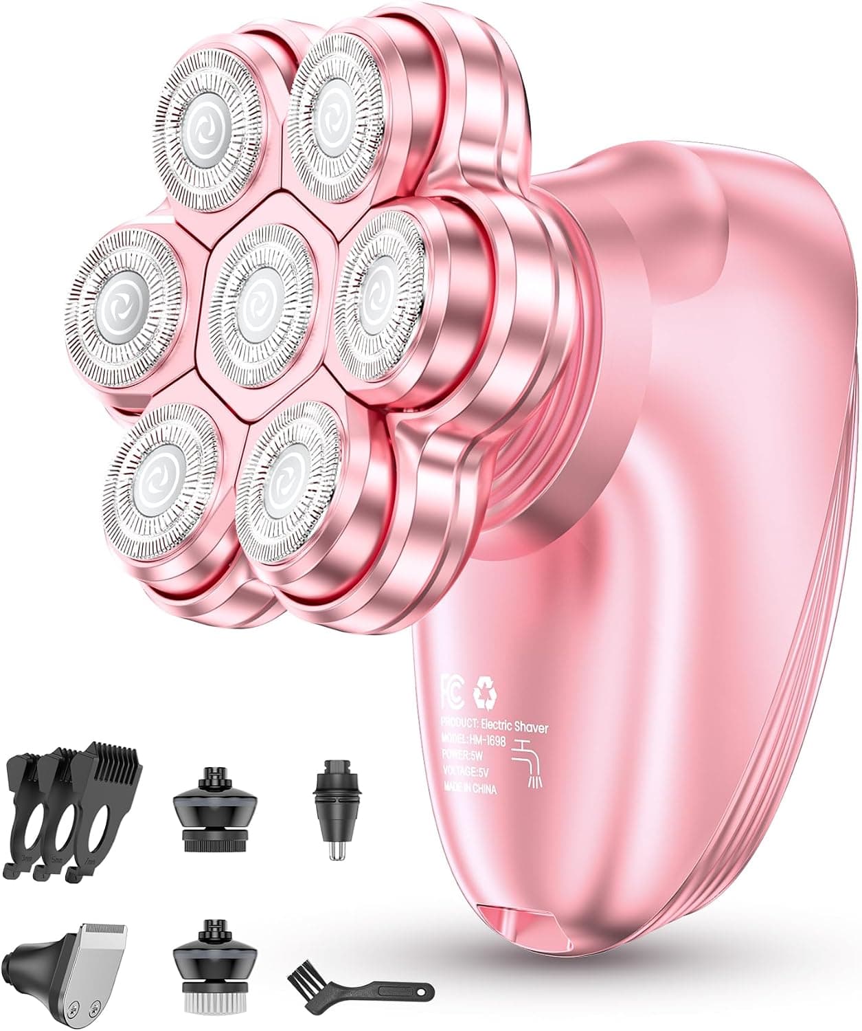 5-in-1 Electric Razors for Women, 7D Magnetic Heads Full Body Shaver, Waterproof Wet Dry Hair Remover with LED Display, Rechargeable Bikini Trimmer for Underarms, Face, Legs, Lips, Arms (Pink)
