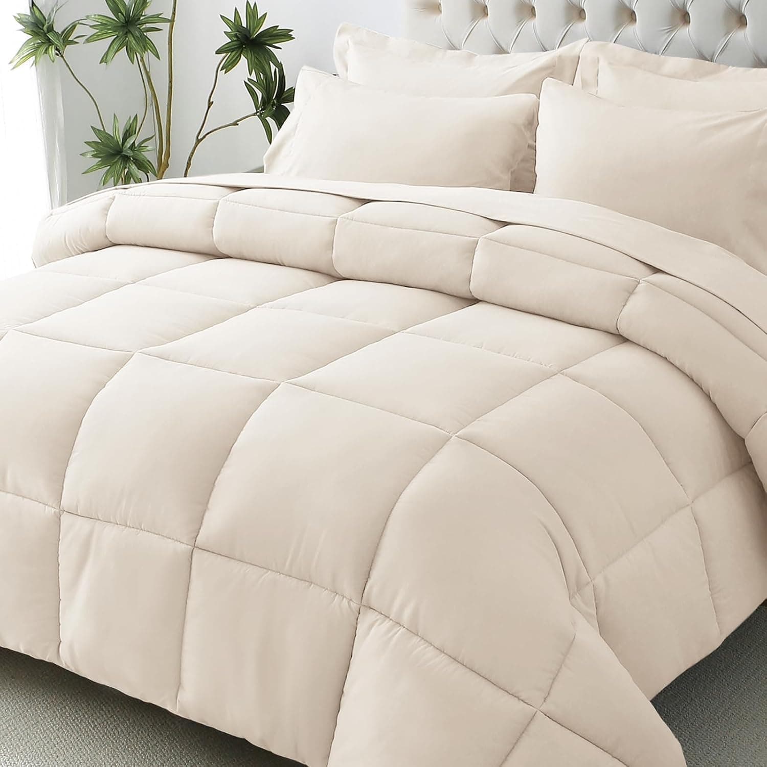 JOLLYVOGUE Twin XL Comforter Set, Ultra-Soft Bed in a Bag Twin XL Size 5 Pieces, Oeko-TEX Certified Bedding Set with Down Alternative Comforter, Sheets, Pillowcases & Shams, Beige