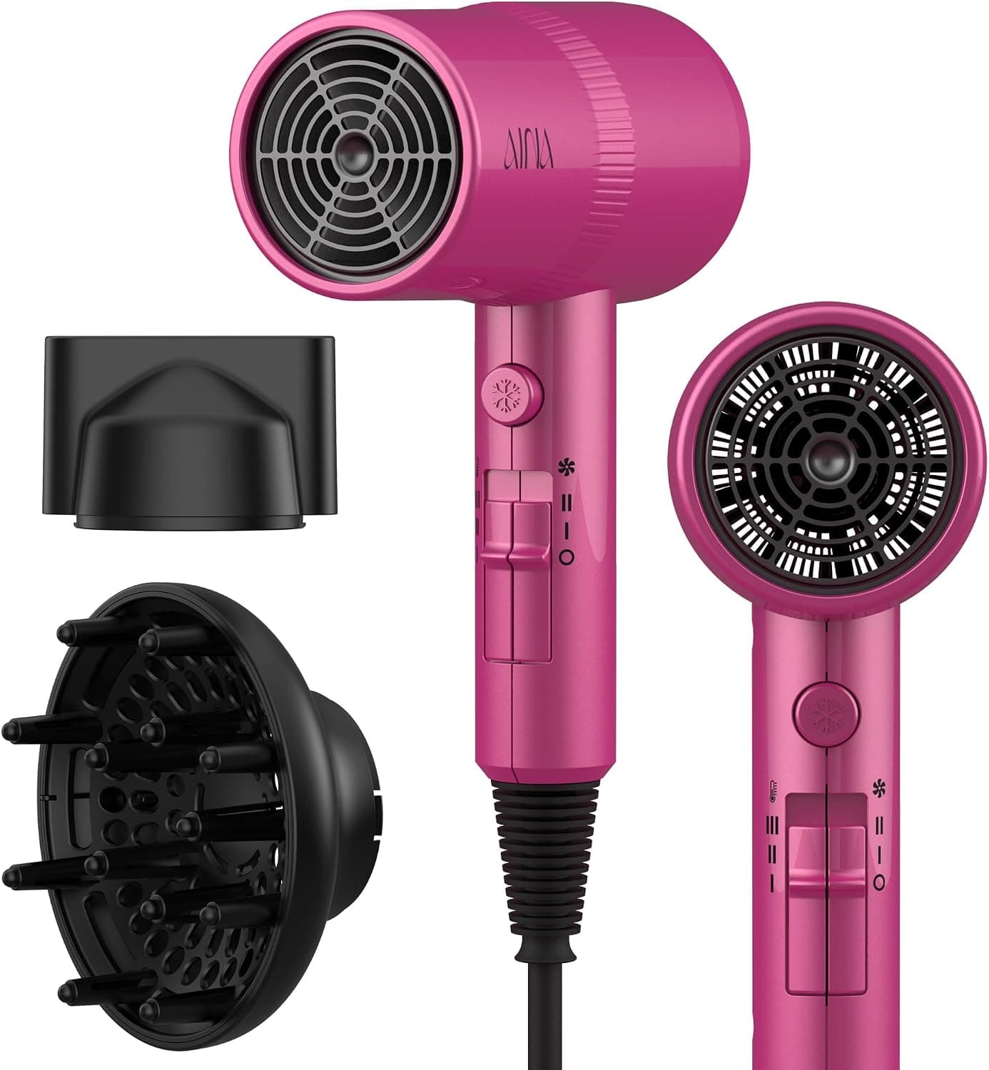 AINA Diffuser Hair Dryer Full-Featured Blow Dryer 110V/1600W(Neon Pink) | 3 Heat/2 Speed;Cold shut button;Lightweight;Compact Size;High Temp;Low Airflow;Same Results;Less Expense