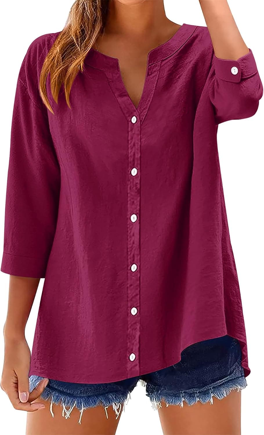 LOMON Womens 3/4 Sleeve Button Down Shirts Cotton Linen Roll Up Short Sleeve Tops V Neck Casual Loose Fit Blouses