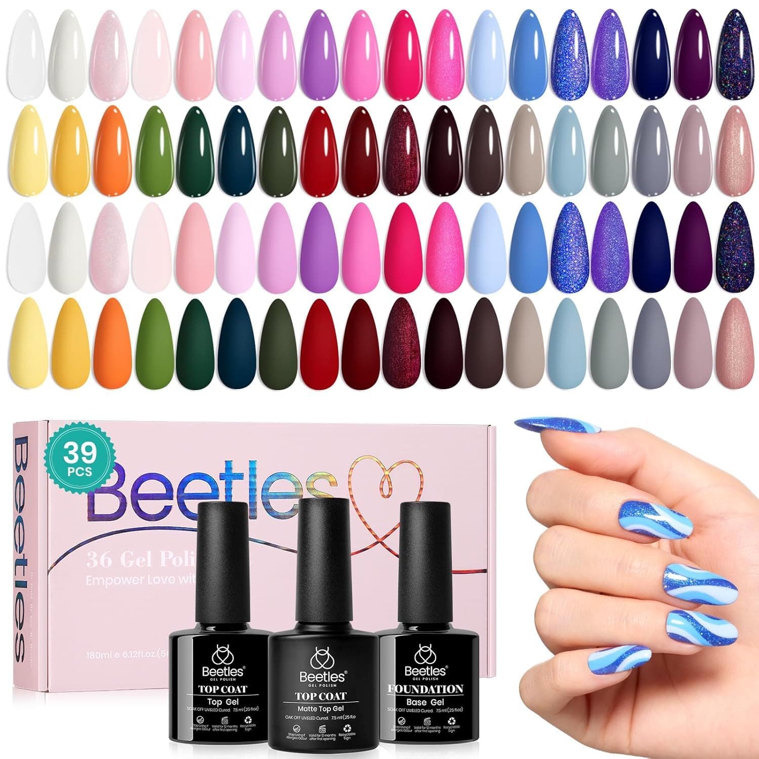 Beetles Gel Nail Polish, 36 Colors Palette Green Brown Pink Yellow Blue Nude Glitter Color Gel Polish with Base Top Coat Soak Off UV LED All Seasons Gift for Women Girls