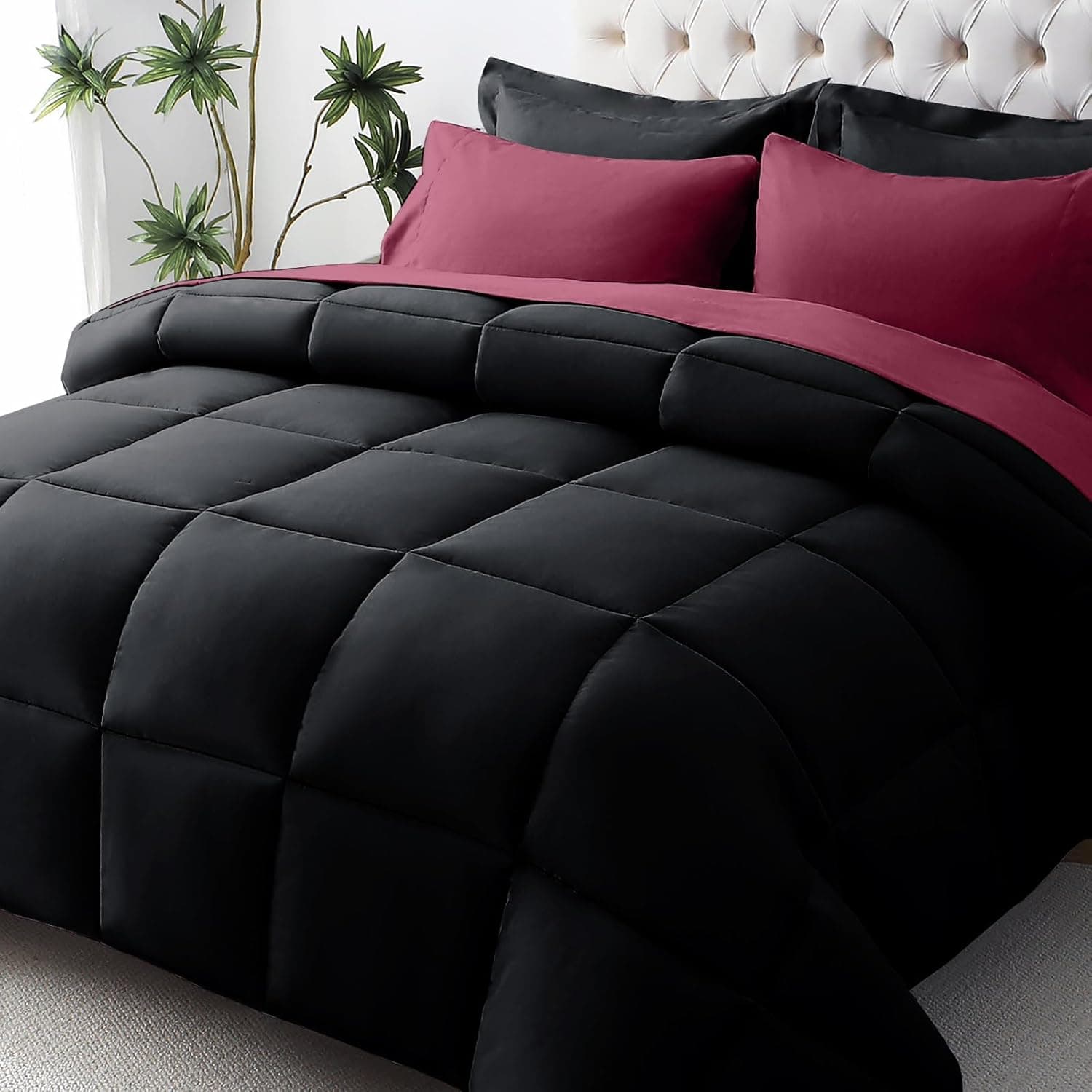 JOLLYVOGUE Twin XL Comforter Set, Ultra-Soft Bed in a Bag Twin XL Size 5 Pieces, Oeko-TEX Certified Bedding Set with Down Alternative Comforter, Sheets, Pillowcases & Shams, Black & Deep Burgundy