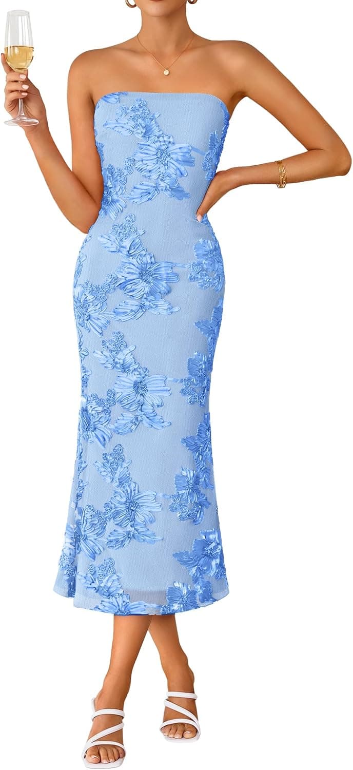 ZESICA Cocktail Wedding Guest Dresses for Women 2026 Summer Strapless Floral Bodycon Mesh Tube Formal Party Midi Dress