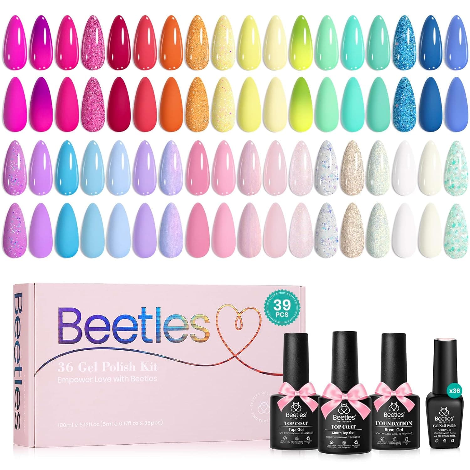 Beetles Summer Gel Polish Set - 39Pcs Neon Gel Nail Polish Pink Red Blue Purple Polish All Season Nails with Base Top Coat Soak off Uv LED Lamp Colorful Candies Manicure Kit Gifts for Women