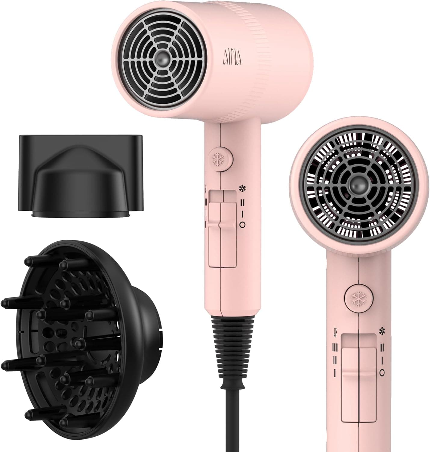 AINA Diffuser Hair Dryer Full-Featured Blow Dryer 110V/1600W(Babe Pink) | 3 Heat/2 Speed;Cold shut button;Lightweight;Compact Size;High Temp;Low Airflow;Same Results;Less Expense
