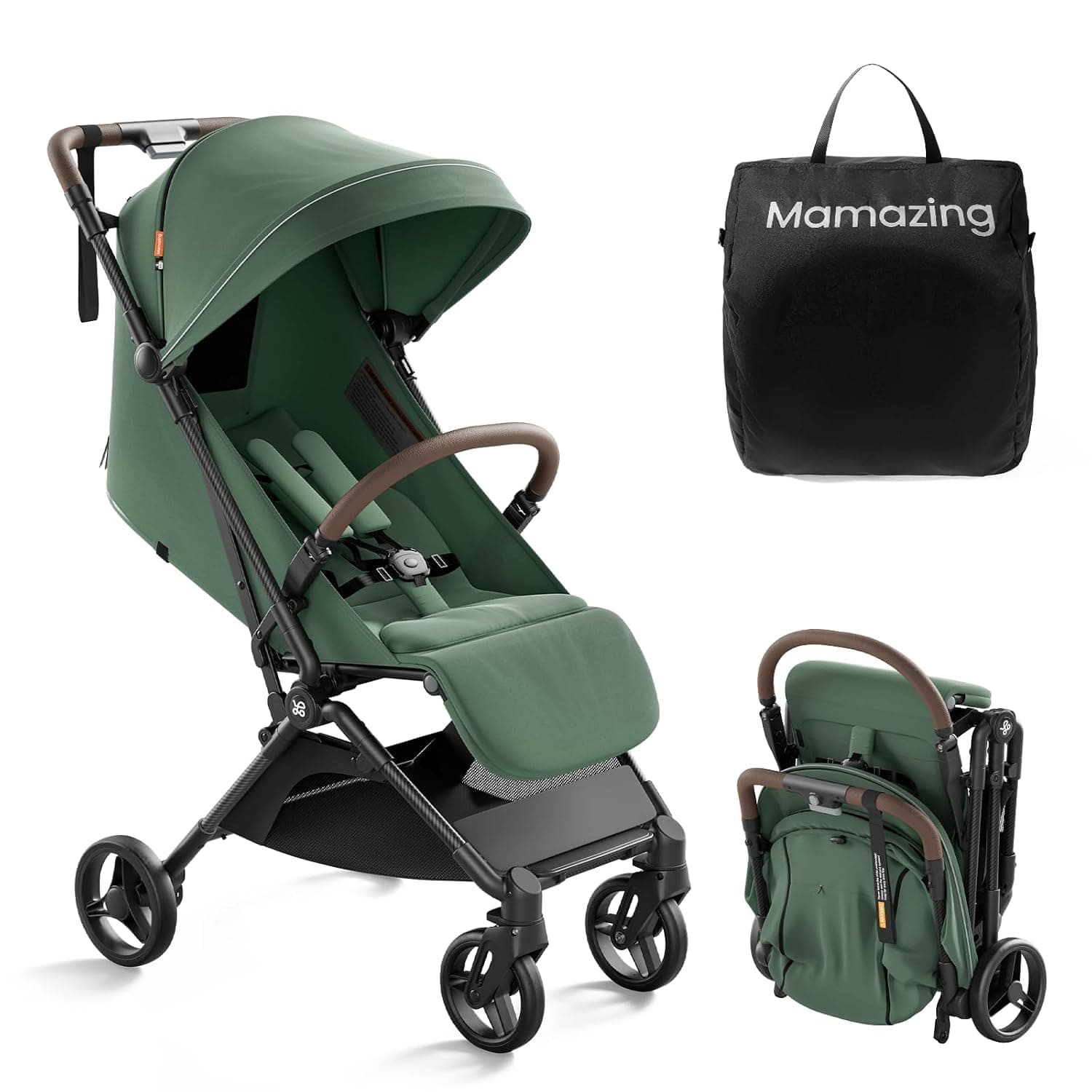 Mamazing Ultra Air Lightweight Baby Travel Stroller with Carbon Fiber Frame | Compact & Airplane-Friendly, One-Handed Fold, 11.6 lbs, UPF50+ Canopy, Under-Seat Basket, Perfect for Toddler Travel, Gree