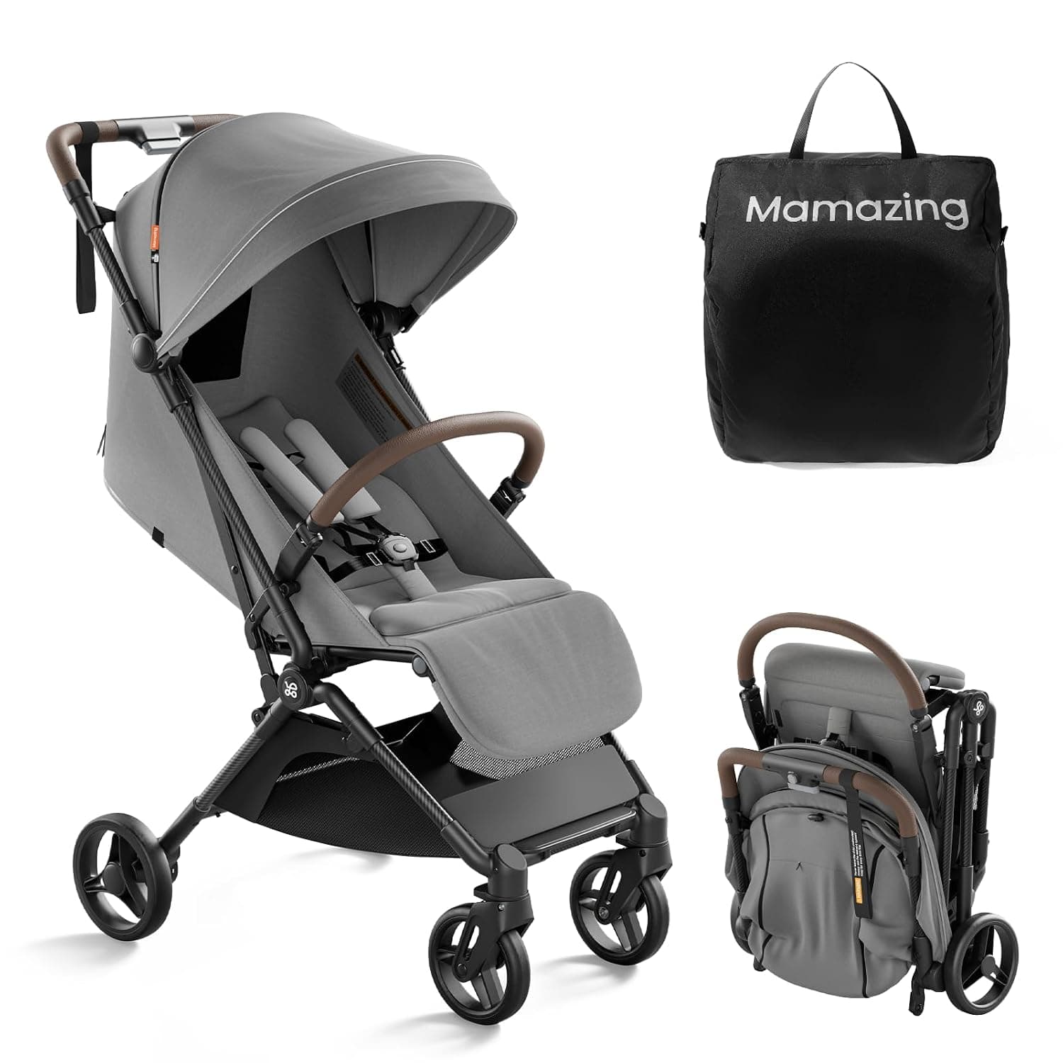 MAMAZING Ultra Air Lightweight Baby Travel Stroller with Carbon Fiber Frame, Compact & Airplane-Friendly, One-Handed Fold, 11.6 lbs, Perfect for Toddlers, Grey
