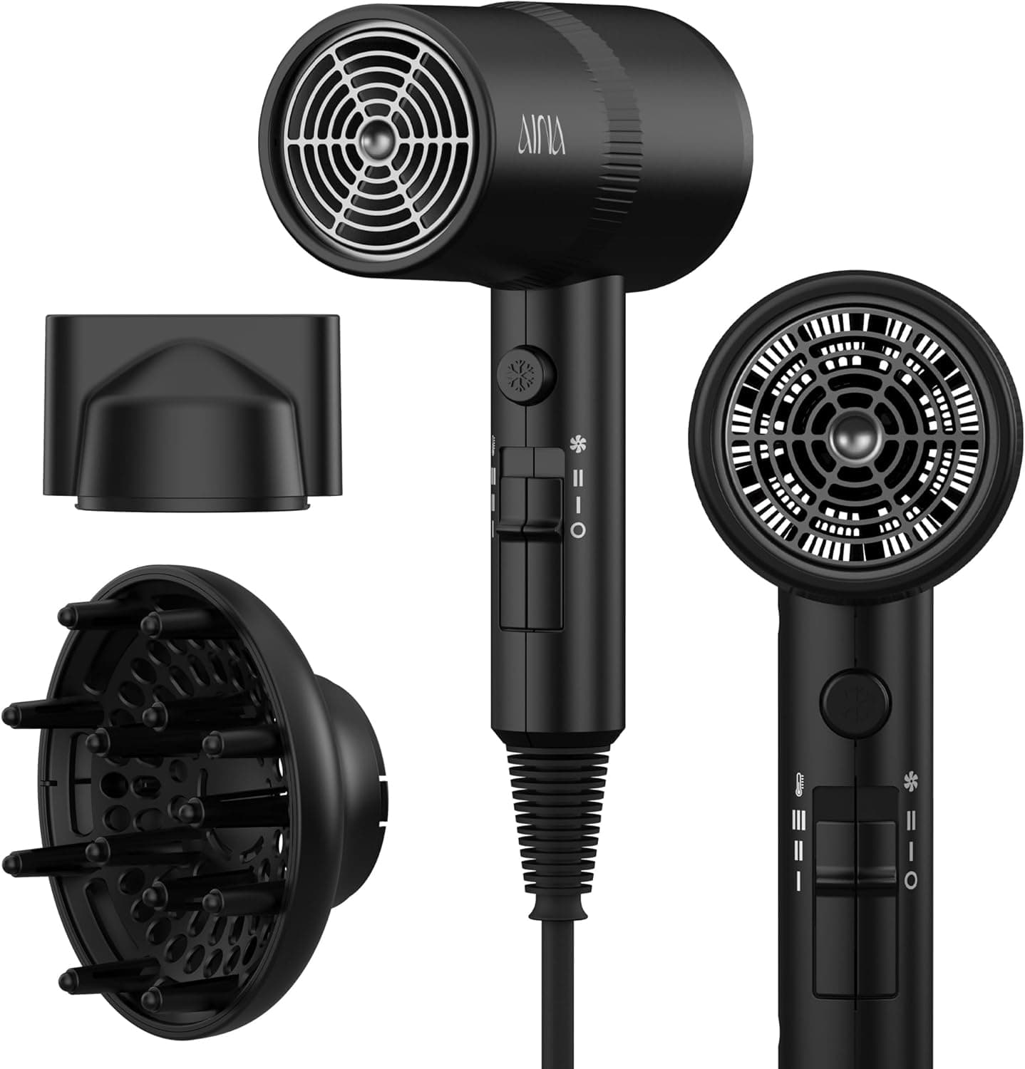 AINA Diffuser Hair Dryer Full-Featured Blow Dryer 110V/1600W(Vader Black) | 3 Heat/2 Speed|Cold shut button|Lightweight|Compact Size|High Temp|Low Airflow|Same Results|Less Expense