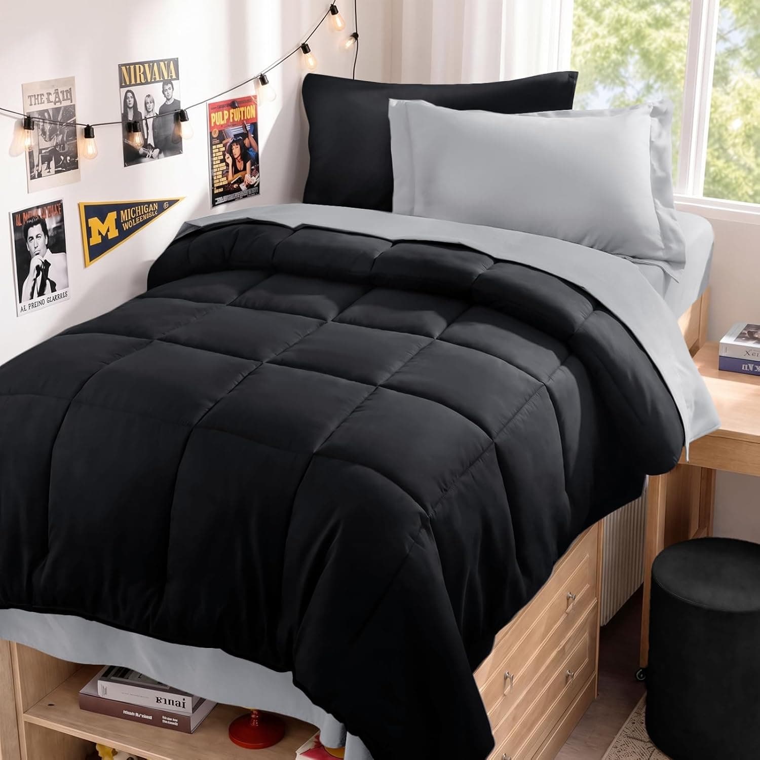 JOLLYVOGUE Twin XL Comforter Set, Ultra-Soft Bed in a Bag Twin XL Size 5 Pieces, Oeko-TEX Certified Bedding Set with Down Alternative Comforter, Sheets, Pillowcases & Shams, Black & Light Grey