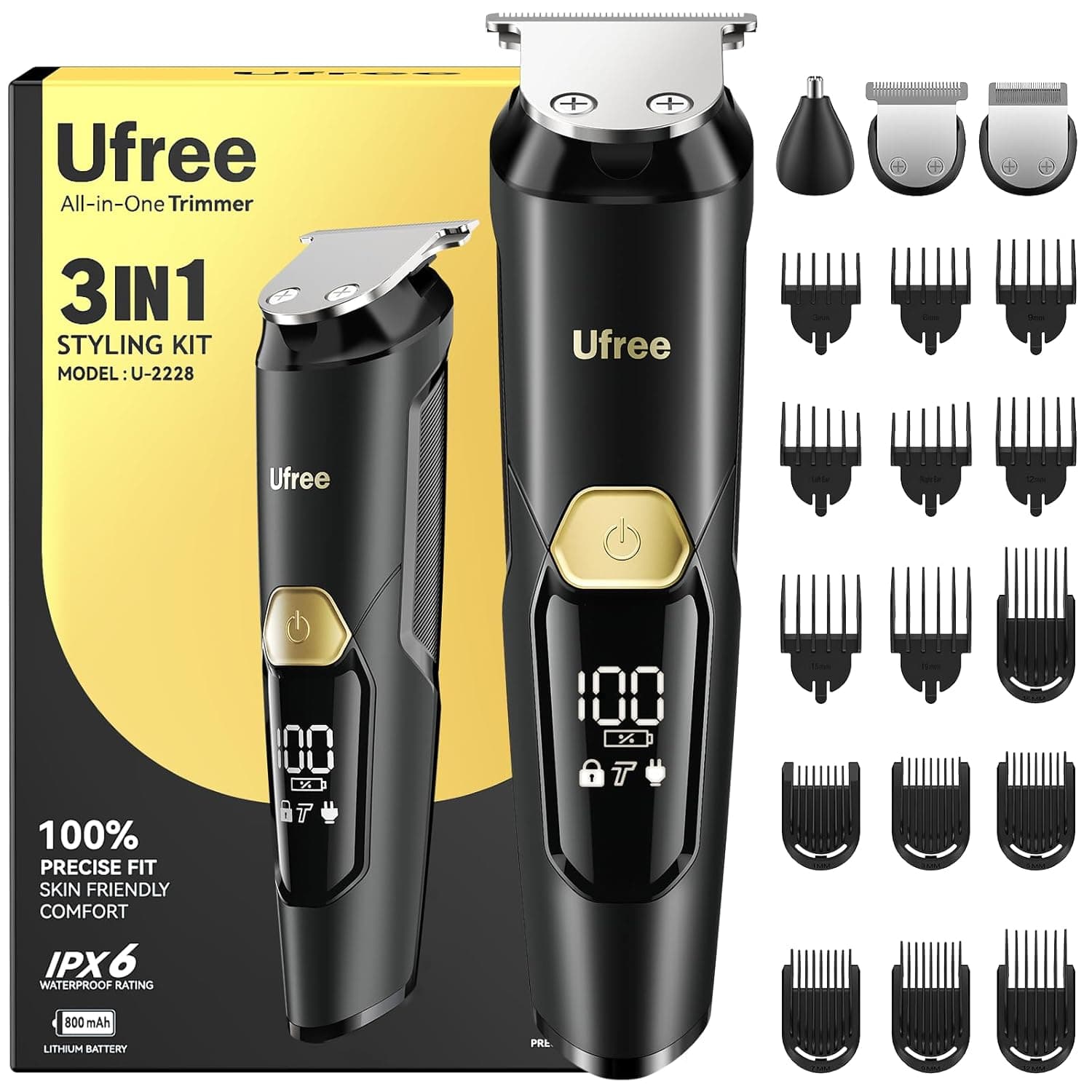 Ufree 3-in-1 Beard Trimmer for Men, IPX6 Waterproof Electric Razor Shaver, Hair Mustache Body Nose Trimmer, Type-C Clippers Husband Father boy Grooming Kit, Birthday Gifts for Men Dad