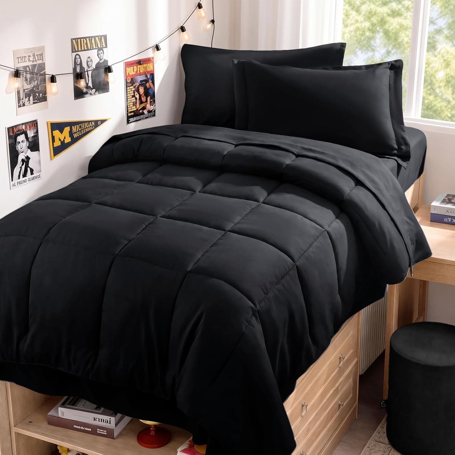 JOLLYVOGUE Twin XL Comforter Set, Ultra-Soft Bed in a Bag Twin XL Size 5 Pieces, Oeko-TEX Certified Bedding Set with Down Alternative Comforter, Sheets, Pillowcases & Shams, Black