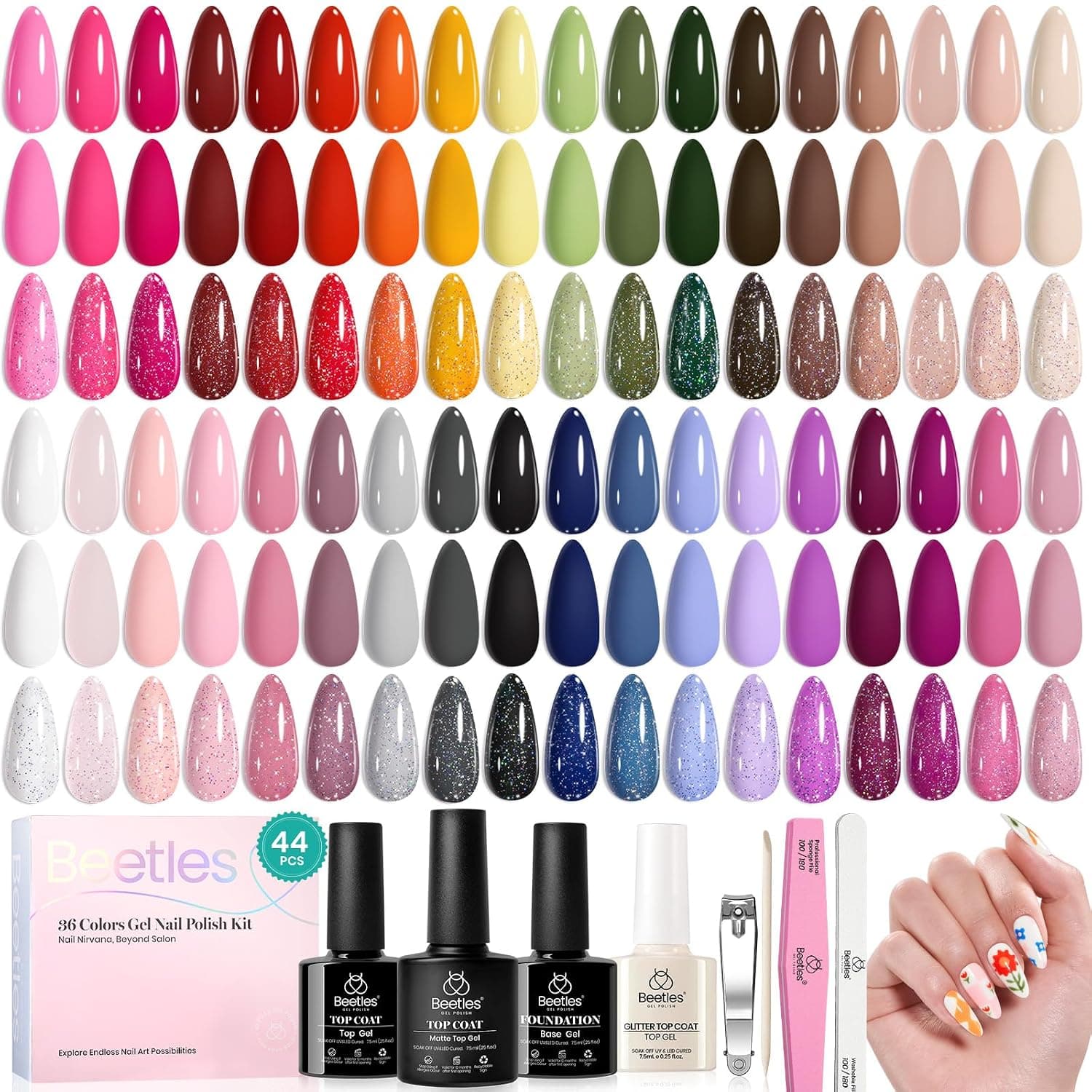 Beetles 44pcs Gel Nail Polish Set - 36 Fall Colors Colorful Muse Gel Polish Kit Pink Nude Red Yellow Green Black White Glitter Nail Kit Base Top Coat UV LED Needed Salon DIY Home Gifts for Women