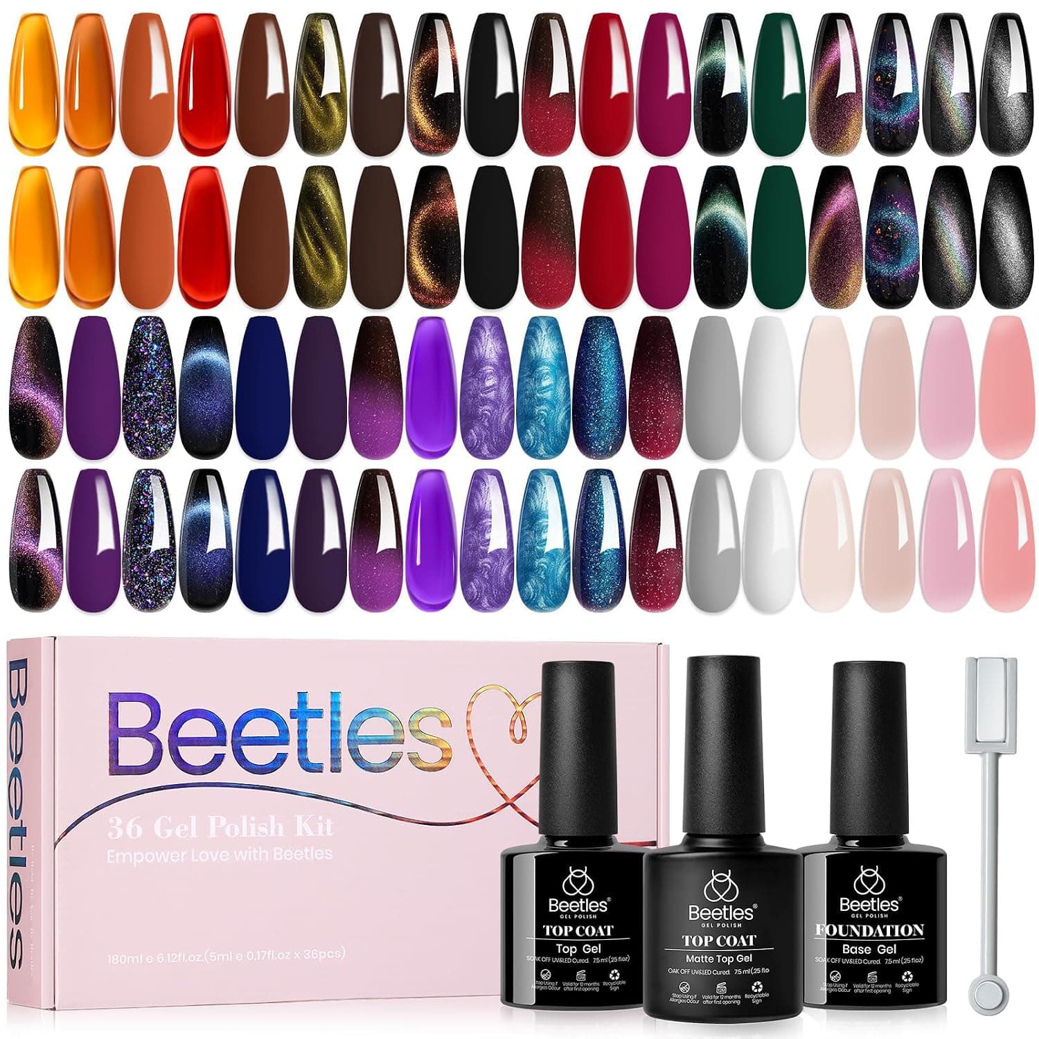Beetles Gel Nail Polish - 39 Pcs Jelly Nail Set Glitter Changing Nail Polish Kit Treasure Box Collection with 3Pcs Base Matte and Glossy Top Soak Off Nails