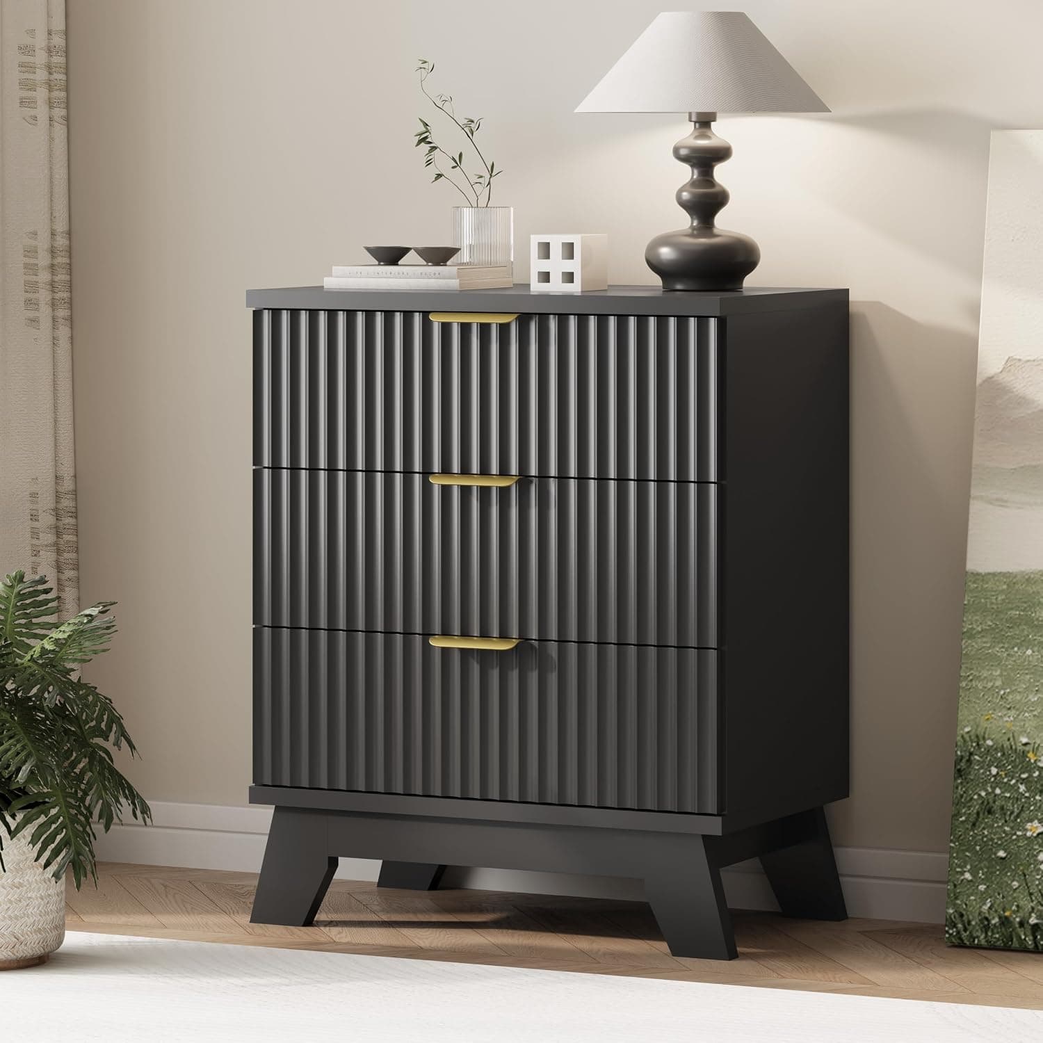 Fluted Dresser for Bedroom with 3 Drawers, 24" Wide Modern Chest of Drawers with Metal Handle, Wooden Dresser TV Stand, Wood Closet Clothes Storage Drawer Organizer for Living Room, Hallway, Black