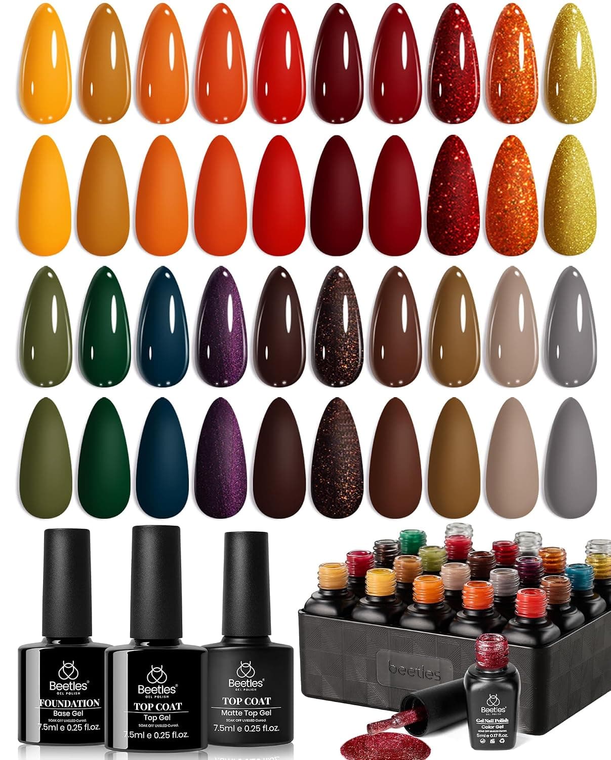 Beetles Fall Gel Nail Polish Set, 20 Colors Autumn Gel Polish Kit in Orange Yellow Green Brown Red Shades, Cozy Campfire UV LED Soak Off Nail Gel for DIY Home Salon Manicure, Gift for Women