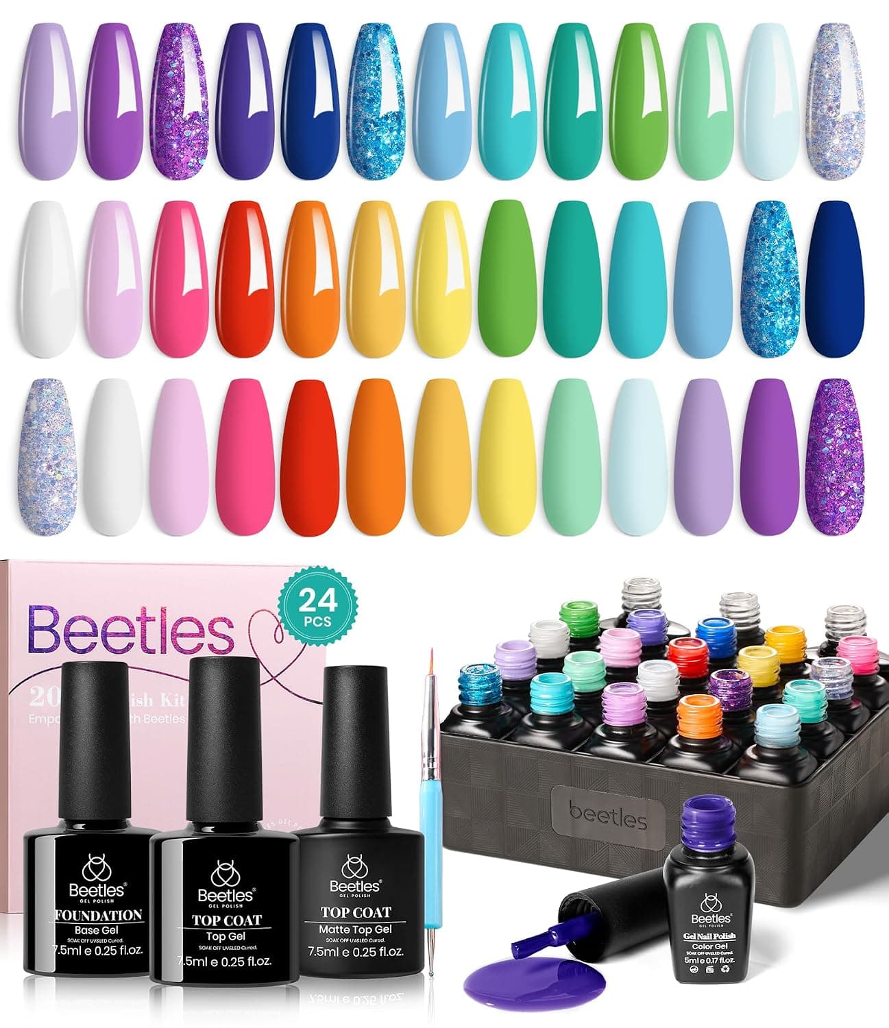 Beetles Gel Nail Polish Set, 24 Pcs Purple Blue Hot Red Gel Nail Polish Green Glitter Gel Polish Unicorn Collection Soak off UV with Glossy & Matte Top Base Gift for Women