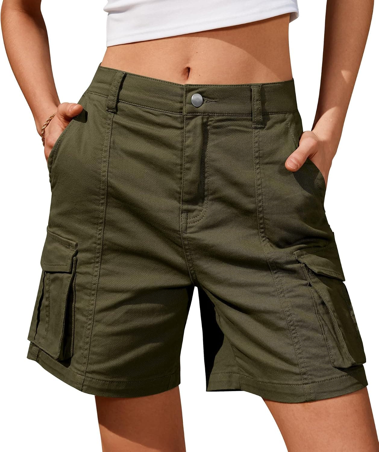 Bermuda Shorts for Women Cargo Shorts Knee Length 6 Pockets Elastic Waist Long Shorts for Summer Casual