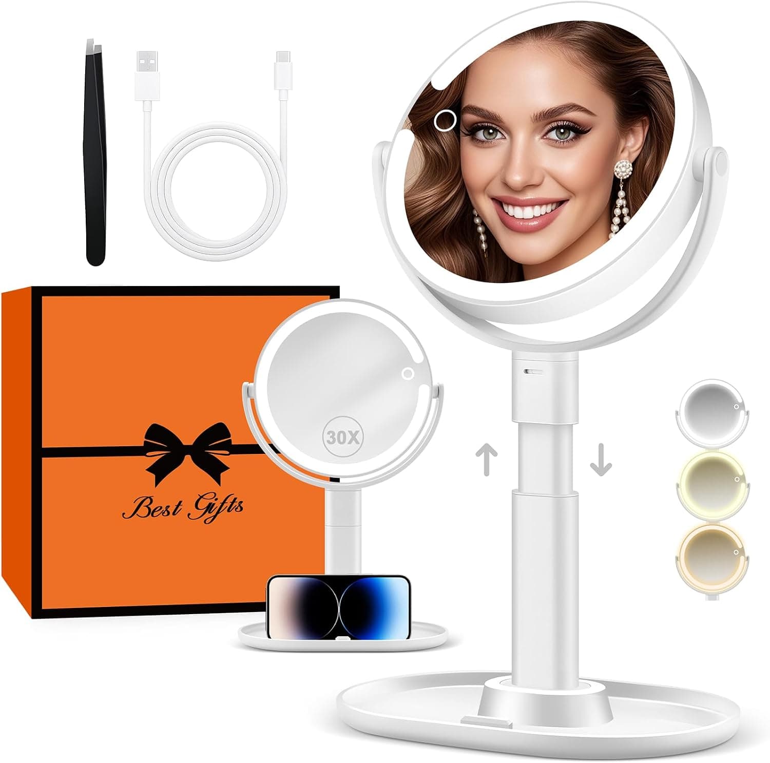 Vanity Mirror with Lights, 30X Magnifying Makeup Mirror with 3 Lighting and Adjustable Brightness, Rechargeable 2-Sided Height Adjustable Desk Mirror for Bathroom, Women Gifts for Mom