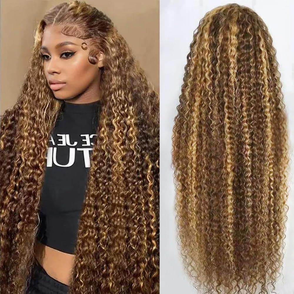 30inch Highlight Ombre Lace Front Wig Human Hair 13x6 HD Honey Blonde 4/27 Deep Wave Lace Frontal Wigs Glueless Wigs Human Hair (4/27 Honey Blonde, 30 inch)