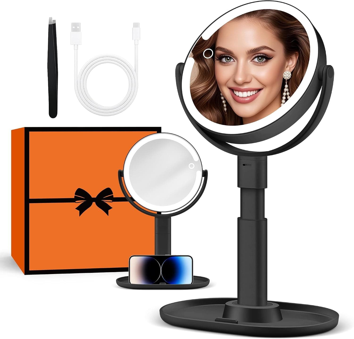 Makeup Mirror with Lights, Lighted Magnifying Mirror 30X with 3 Lighting and Adjustable Brightness, 2-Sided Height Adjustable Vanity Mirror for Bathroom, Gifts for Women Black