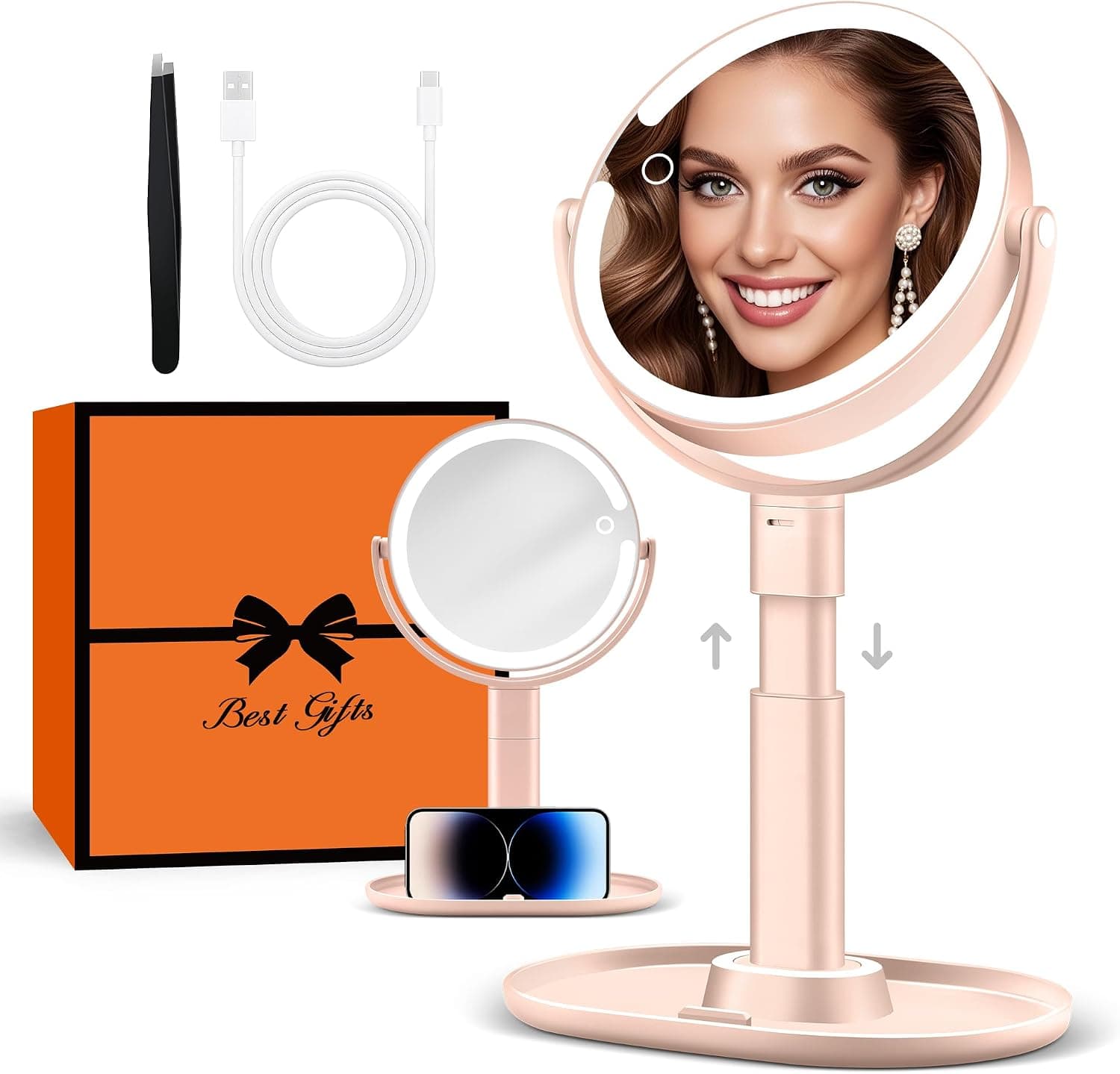 Makeup Mirror with Lights, Lighted Magnifying Mirror 30X with 3 Lighting and Adjustable Brightness, 2-Sided Height Adjustable Vanity Mirror for Bathroom, Gifts for Women Pink