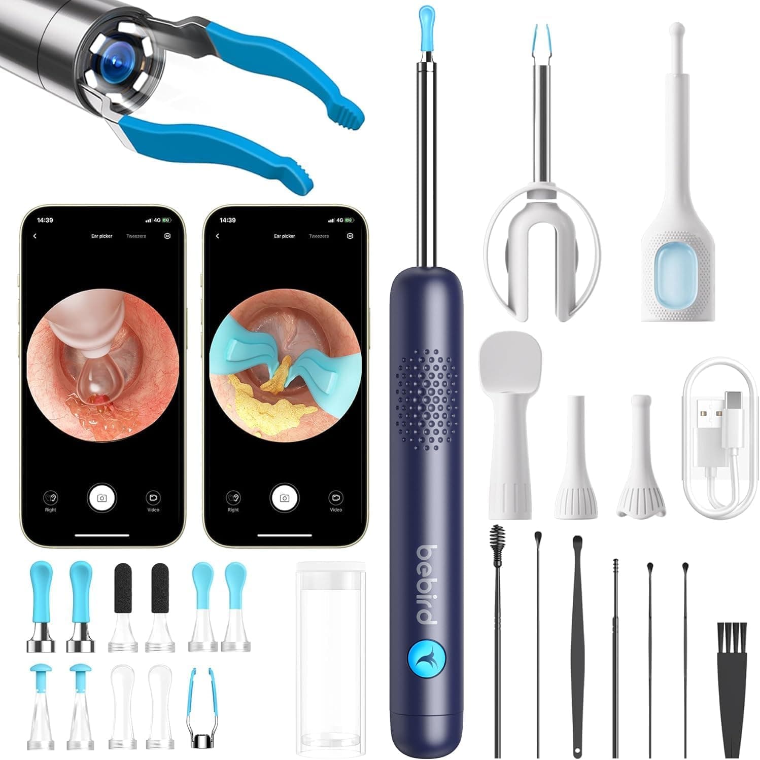 BEBIRD R1 Ultra Ear Wax Remova, Ear Cleaner with Camera Ear Scope, Wax Remove Ear Pick with Ear Otoscope Tweezers, Visual Dropper Cleaning Kit, Ear/Nose/Throat Examination Tool for Family, Blue