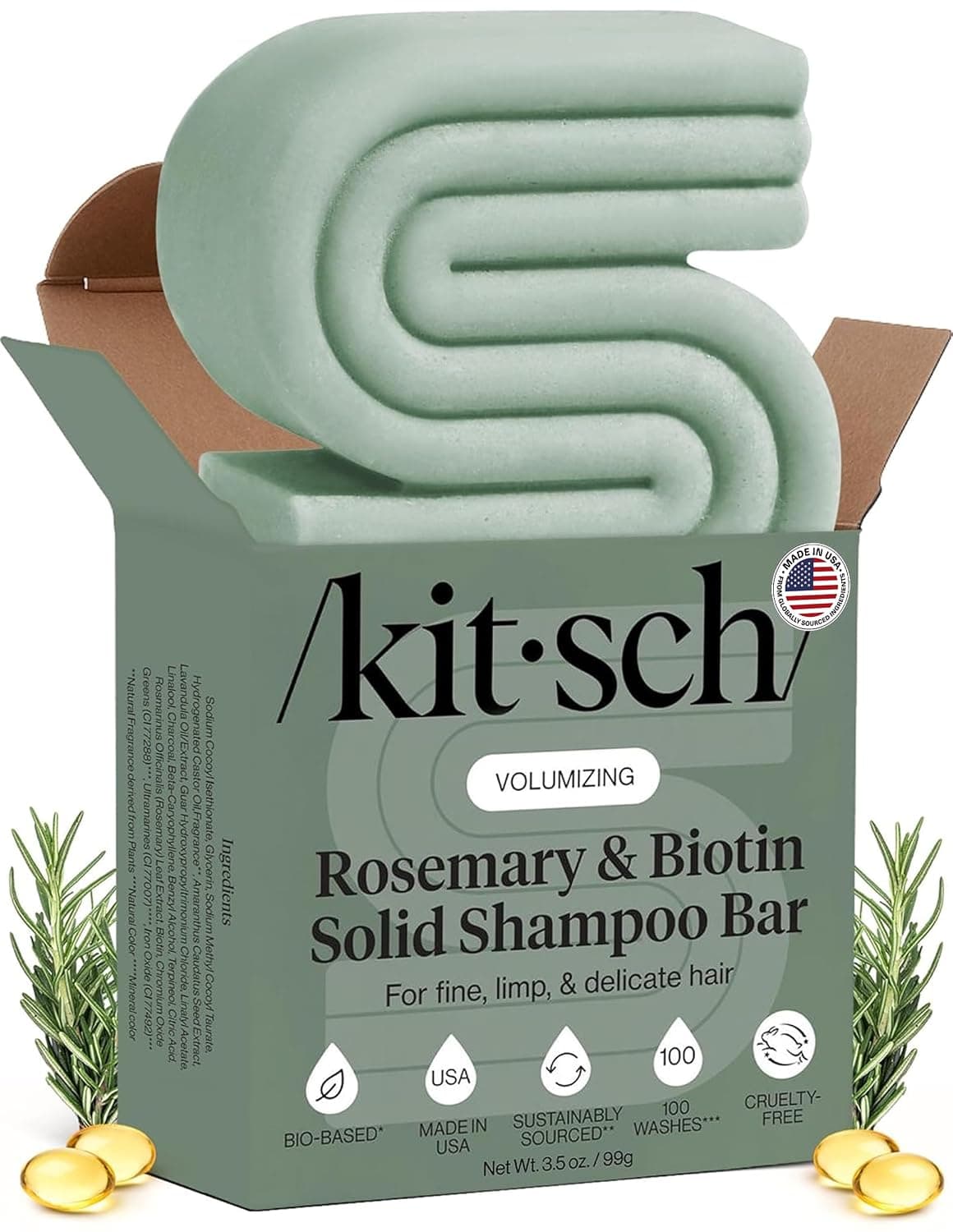 Kitsch Rosemary & Biotin Shampoo Bar - For Hair Growth, Strengthening, Thickening & Volumizing Shampoo for Women and Men - Free of Parabens, Sulfates & Silicones - Made in USA, 3.5 oz