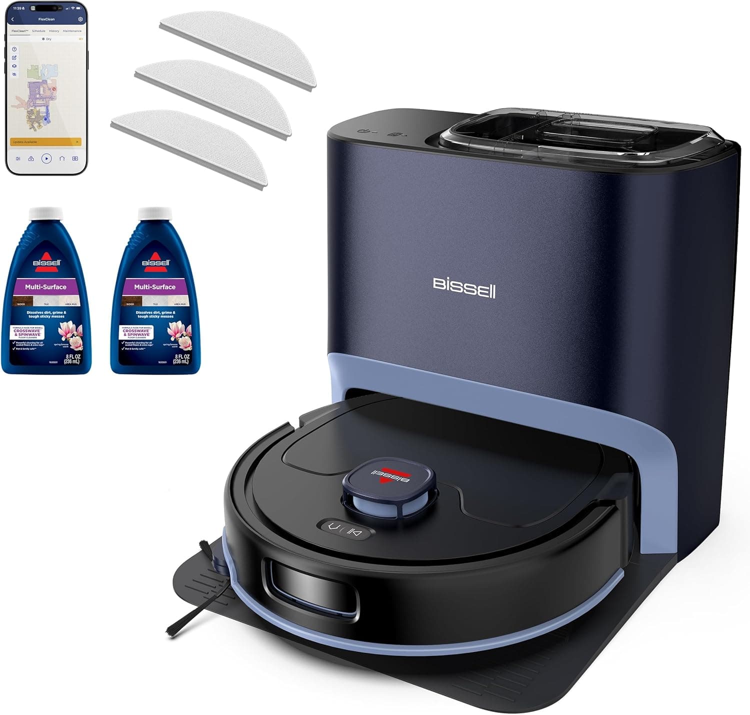 Bissell FlexClean FurForce Robot Vacuum & Mop with No Tangle Pet Brush Roll, LiDAR Navigation & Liftable Pad for Pet Hair Removal on Hard Floors & Rugs, 180min Runtime 60-Day Dust Collection, 4270L