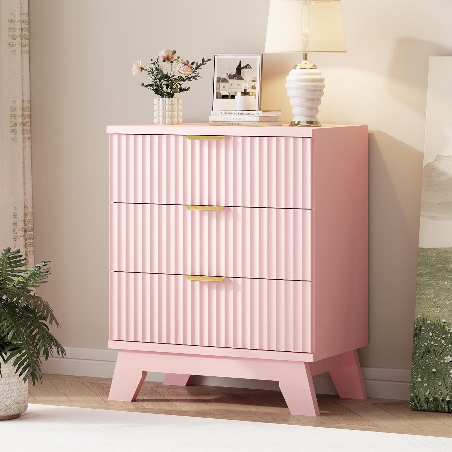 Fluted Dresser for Bedroom with 3 Drawers, 24" Wide Modern Chest of Drawers with Metal Handle, Wooden Dresser TV Stand, Wood Closet Clothes Storage Organizer for Living Room, Hallway, Pink