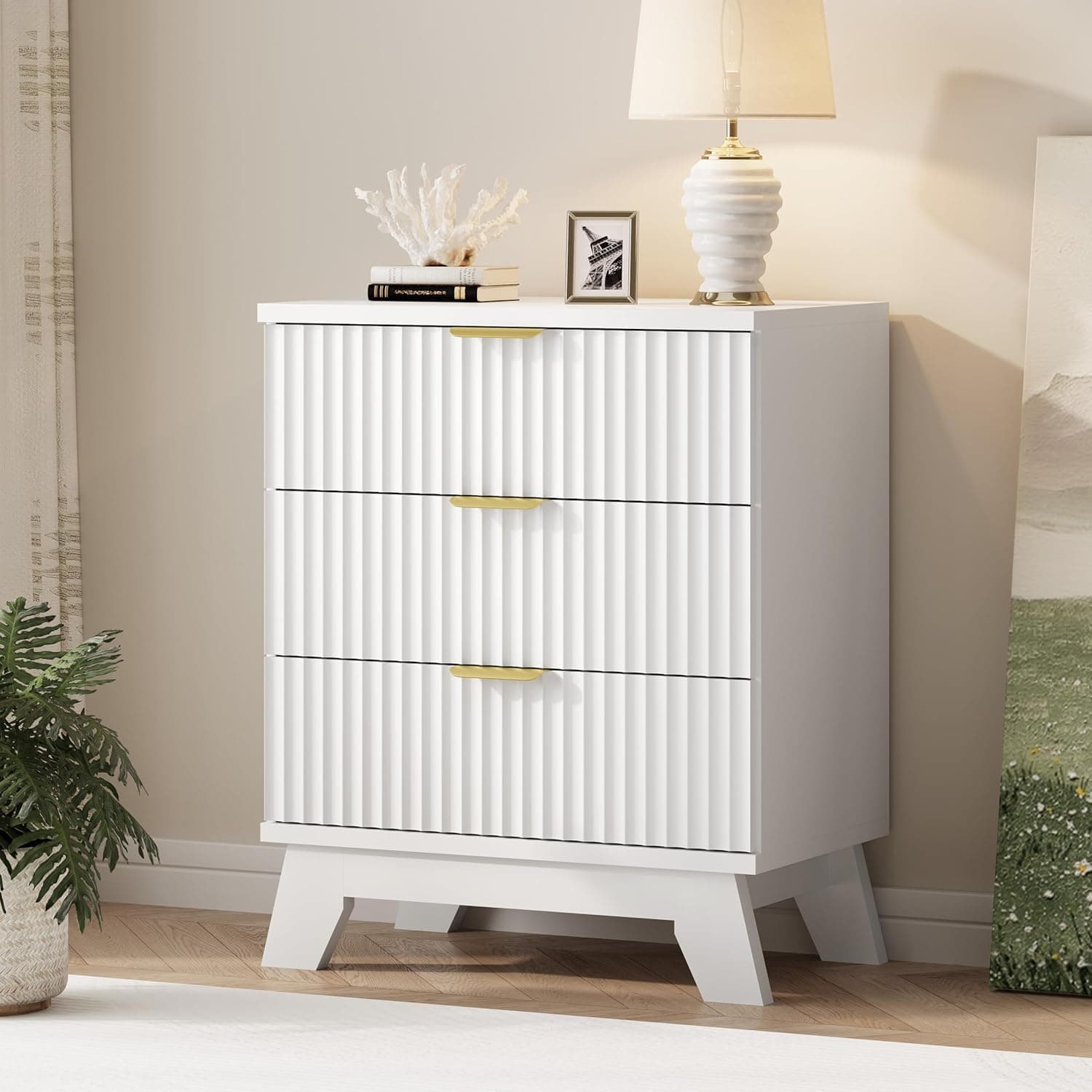 Fluted Dresser for Bedroom with 3 Drawers, 24" Wide Modern Chest of Drawers with Metal Handle, Wooden Dresser TV Stand, Wood Closet Clothes Storage Drawer Organizer for Living Room, Hallway, White
