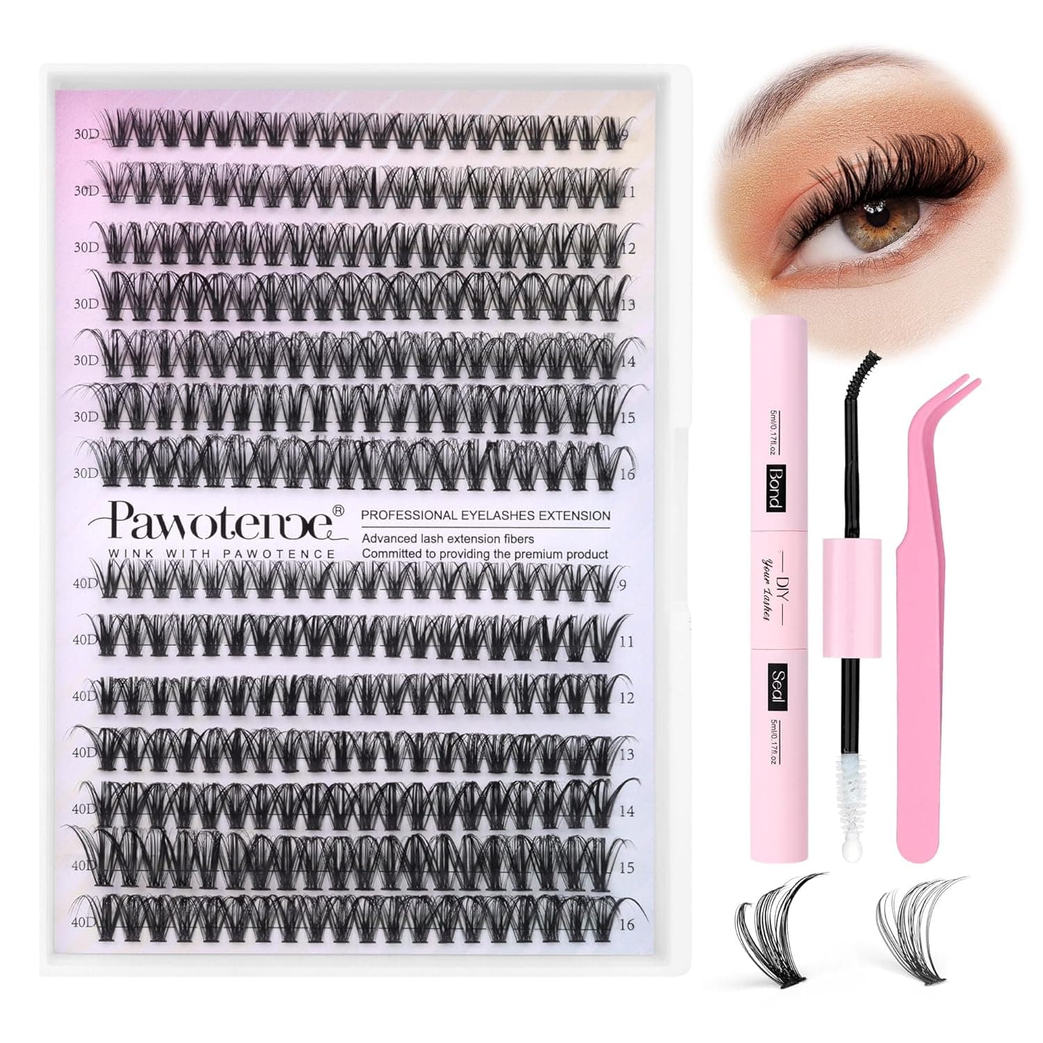 Lash Extension Kit DIY 280pcs Lash Clusters Eyelash Extension Kit, 9-16mm 30D 40D Individual Lashes Kit with Lash Bond and Seal, Lash Tweezers for Self Use (30D&40D, 0.07D, 9-16mm, Kit)