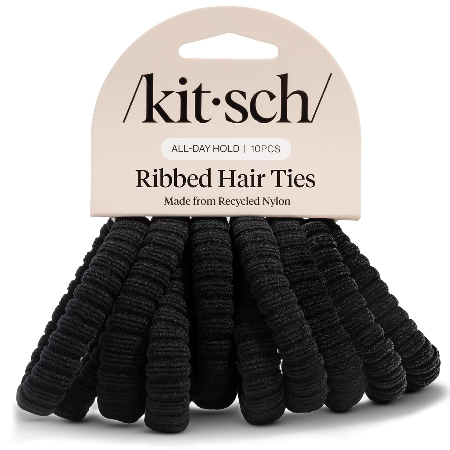 Kitsch Ribbed Hair Ties No Damage - Strong, Stretchy & Snag-Free Hair Bands | Soft Fabric Ponytail Holders, Stylish Elastics for Everyday Hairstyles - Black, 10pcs