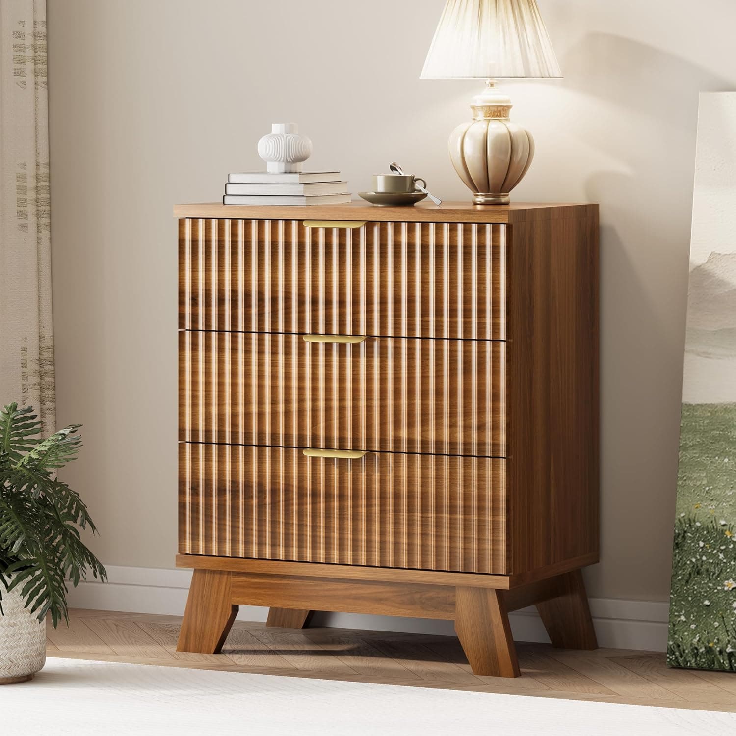 Fluted Dresser for Bedroom with 3 Drawers, 24" Wide Modern Chest of Drawers with Metal Handle, Wooden Dresser TV Stand, Wood Closet Clothes Storage Organizer for Living Room, Hallway, Walnut